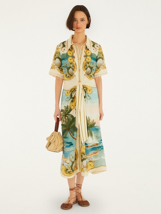FARM Rio Dresses & Skirts - Farm Rio: Off-White Royal Sea Collared Midi
Dress